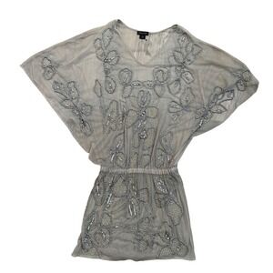 AS by DF Beaded Kaftan Dress Sheer Silver Embellished Butterfly Sleeve Women XS